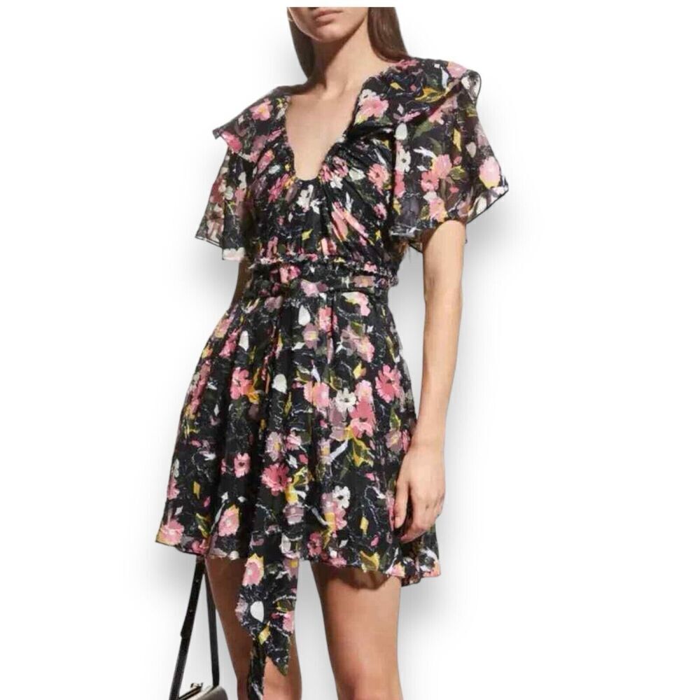 Tanya‎ Taylor Women 0 Black Mara Floral Print V-Neck A-Line Mini Dress XS